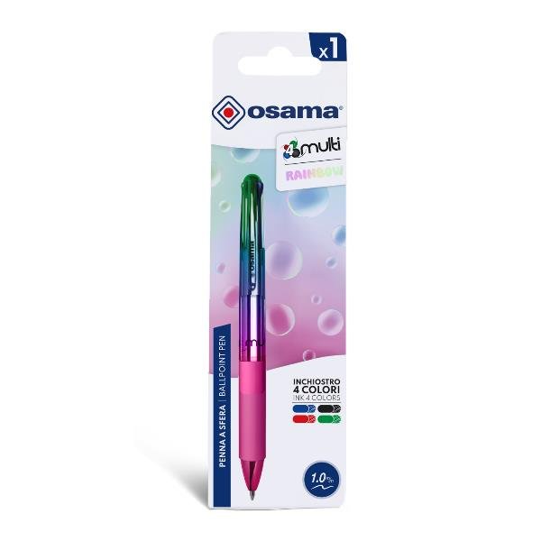 OSAMA 4MULTI NEON PENNA A SFERA A SCATTO 4 COLORI TRATTO 1 mm INCHIOSTRO COLORI ASSORTITI CONF 12 Pz. RAINBOW