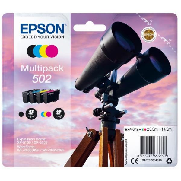 Epson 502 Multipack - Confezione da 4 - 14.5 ml - nero, giallo, ciano, magenta - originale - blister con radiofrequenza / allarme acustico - cartuccia d'inchiostro - per Expression Home XP-5100, XP-5150; WorkForce WF-2860, WF-2865DWF, WF-2885DWF