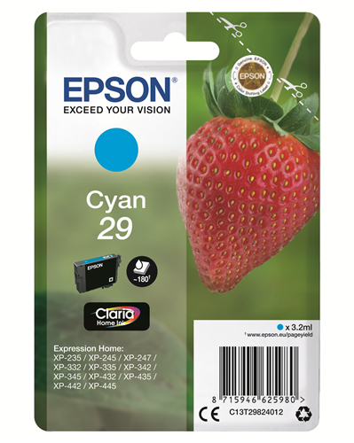 Epson 29 - 3.2 ml - ciano - originale - blister - cartuccia d'inchiostro - per Expression Home XP-245, 247, 255, 257, 332, 342, 345, 352, 355, 435, 442, 445, 452, 455