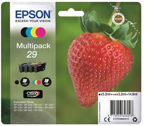 Epson 29 Multipack - Confezione da 4 - nero, giallo, ciano, magenta - originale - blister - cartuccia d'inchiostro - per Expression Home XP-245, 247, 255, 257, 332, 342, 345, 352, 355, 435, 442, 445, 452, 455
