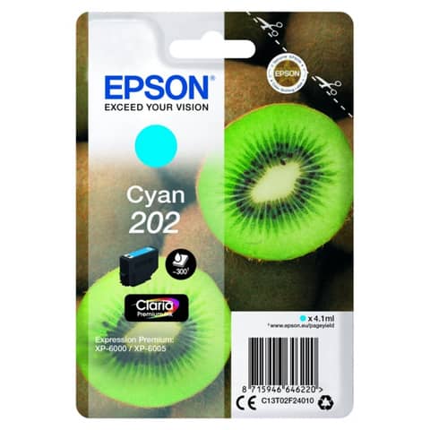 Epson 202 - 4.1 ml - ciano - originale - blister - cartuccia d'inchiostro - per Expression Home XP-202; Expression Premium XP-6000, XP-6005, XP-6100, XP-6105
