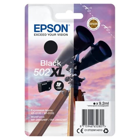 Epson 502XL - 9.2 ml - alta capienza - nero - originale - blister - cartuccia d'inchiostro - per Expression Home XP-5100, 5105, 5150, 5155; WorkForce WF-2860, 2865, 2880, 2885