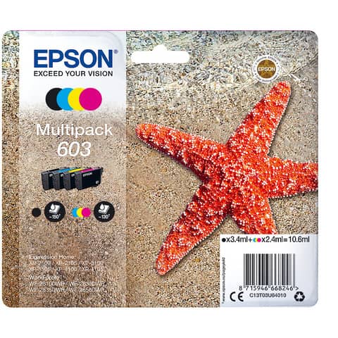 Epson 603 Multipack - Confezione da 4 - nero, giallo, ciano, magenta - originale - blister con radiofrequenza / allarme acustico - cartuccia d'inchiostro - per Expression Home XP-2150, 2155, 3150, 3155, 4150, 4155; WorkForce WF-2820, 2840, 2845, 2870