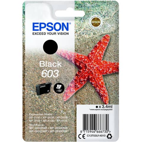 Epson 603 - 3.4 ml - nero - originale - blister con radiofrequenza / allarme acustico - cartuccia d'inchiostro - per Expression Home XP-2150, 2155, 3150, 3155, 4150, 4155; WorkForce WF-2820, 2840, 2845, 2870
