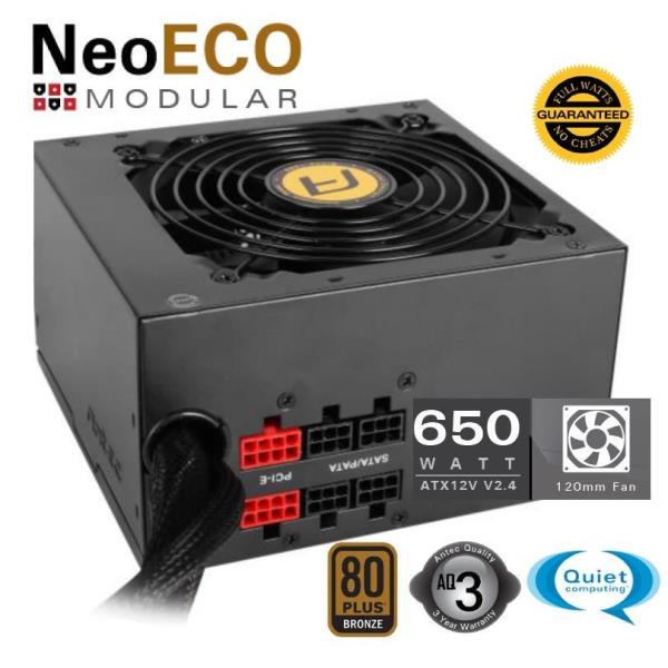 Antec Neo Eco NE650M - Alimentazione (interna) - ATX12V 2.4/ EPS12V - 80 PLUS Bronze - 100-240 V c.a. V - 650 Watt - PFC (fattore di correzione alimentazione) attivo - Europa - con Garanzia di Qualità Antec 3 anni