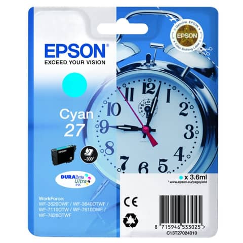 Epson 27 - 3.6 ml - ciano - originale - cartuccia d'inchiostro - per WorkForce WF-3620, WF-3640, WF-7110, WF-7210, WF-7610, WF-7620, WF-7710, WF-7715, WF-7720