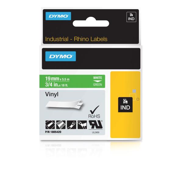 DYMO Rhino Coloured Vinyl - Vinile - adesivo permanente - bianco su verde - Roll (1.9 cm x 5.5 m) 1 cassetta(e) Nastro - per DYMO ILP219; Rhino 4200, 5000, 5200, 6000; RhinoPRO 3000, 5000, 6000, 6500