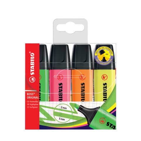 STABILO BOSS ORIGINAL - Evidenziatore - arancione fluorescente, giallo fluorescente, verde fluorescente, rosa fluorescente - inchiostro base acqua - 2-5 mm (pacchetto di 4)