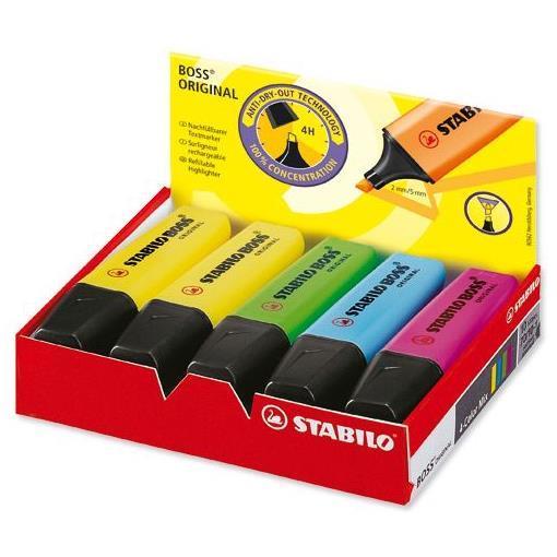 STABILO BOSS ORIGINAL - Evidenziatore - blu fosforescente, giallo fluorescente, verde fluorescente, rosa fluorescente - inchiostro base acqua - 2-5 mm (pacchetto di 10)