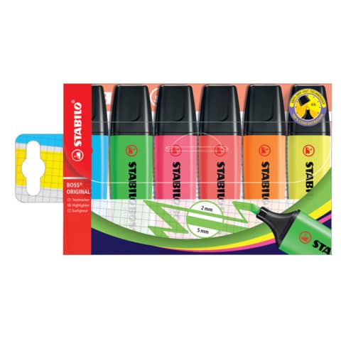 STABILO BOSS ORIGINAL - Evidenziatore - blu fosforescente, arancione fluorescente, rosso fluorescente, giallo fluorescente, verde fluorescente, rosa fluorescente - inchiostro base acqua - 2-5 mm (pacchetto di 6)