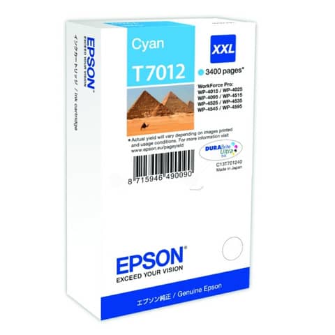 Epson T7012 - 34.2 ml - misura XXL - ciano - originale - blister - cartuccia d'inchiostro - per WorkForce Pro WP-4015 DN, WP-4095 DN, WP-4515 DN, WP-4525 DNF, WP-4595 DNF