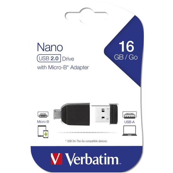Verbatim Store 'n' Go Nano USB Drive - Chiavetta USB - 16 GB - USB 2.0 - con Micro USB Adapter