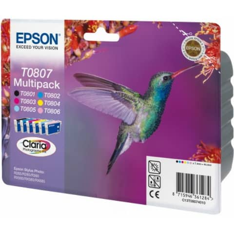 Epson T0807 Multipack - Confezione da 6 - 44.4 ml - nero, giallo, ciano, magenta, magenta chiaro, cyan chiaro - originale - blister - cartuccia d'inchiostro - per Stylus Photo P50, PX650, PX660, PX700, PX710, PX720, PX730, PX800, PX810, PX820, PX830