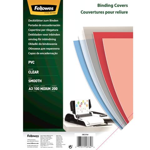 Fellowes Superclear PVC - A3 (297 x 420 mm) - 200 micron - trasparente - 100 pezzi copertina in PVC per rilegatura - per Fellowes Galaxy 500, Galaxy Wire, Pulsar+ 300, Quasar+ 500, Star 150, Star+ 150