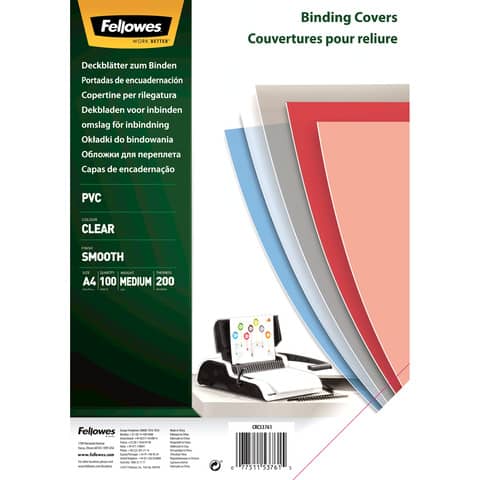 Fellowes - A4 (210 x 297 mm) - 200 micron - trasparente - 100 pezzi copertina in PVC per rilegatura - per Fellowes Galaxy 500, Galaxy Wire, Pulsar+ 300, Quasar+ 500, Star 150, Star+ 150