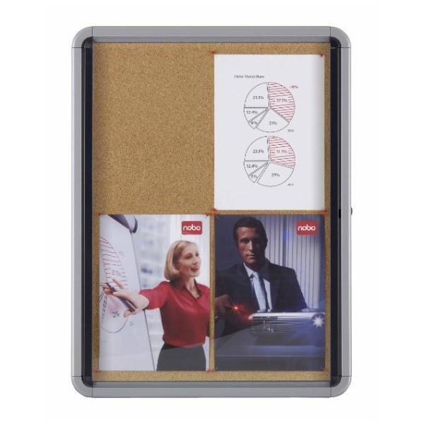 Nobo - Bacheca chiusa - montabile a parete - 1000 x 752 mm - 9 x A4 - sughero - non magnetico - quercia - cornice argento