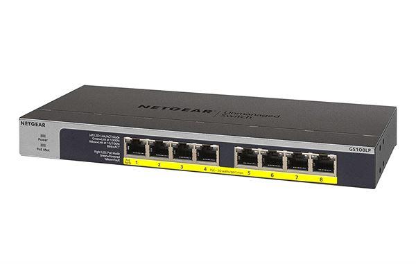 NETGEAR GS108LP - Switch - 8 x 10/100/1000 (PoE+) - desktop, montabile su rack, montaggio a parete - PoE+ (60 W) - alimentazione CC