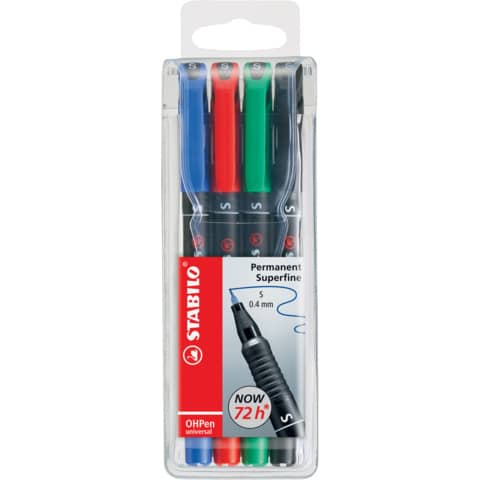 STABILO OHPen universal - Penna a punta sottile - permanente - per lucidi - nero, rosso, blu, verde - 0.4 mm - superfine (pacchetto di 4)
