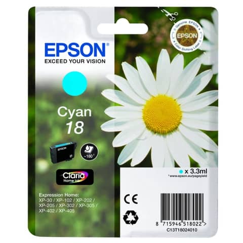 Epson 18 - 3.3 ml - ciano - originale - cartuccia d'inchiostro - per Expression Home XP-212, 215, 225, 312, 315, 322, 325, 412, 415, 422, 425