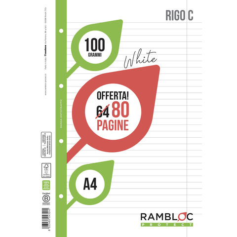 RAMBLOC Protect - Pagine sfuse - A4 - 80 fogli / 160 pagine - bianco - Rigo C - 4 fori
