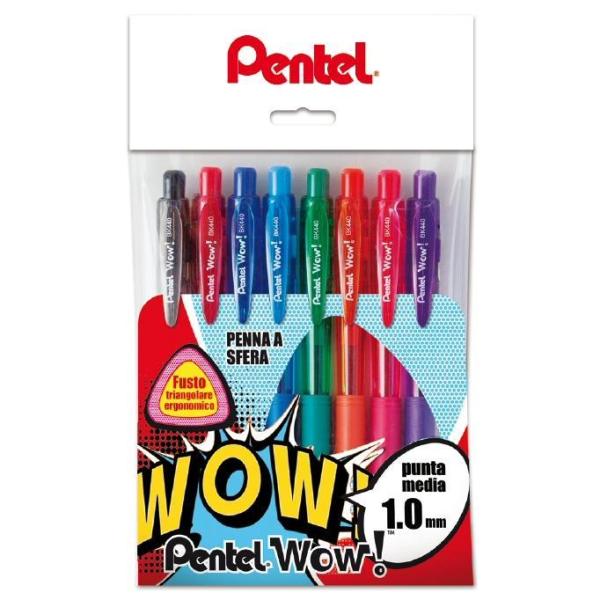 Pentel WOW! BK440 - Penna a sfera - colori assortiti - inchiostro a base olio - 1 mm - medio - retrattile (pacchetto di 8)