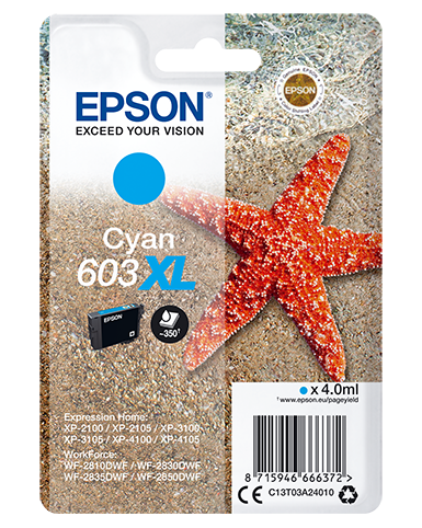 Epson 603XL - 4 ml - XL - ciano - originale - blister - cartuccia d'inchiostro - per Expression Home XP-2150, 2155, 3150, 3155, 4150, 4155; WorkForce WF-2820, 2840, 2845, 2870