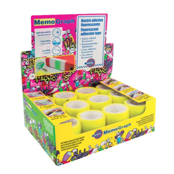 Eurocel MEMOGRAPH - Dispenser con nastro per etichette - a mano - 50 mm x 10 m - pellicola PVC - giallo trasparente fluorescente