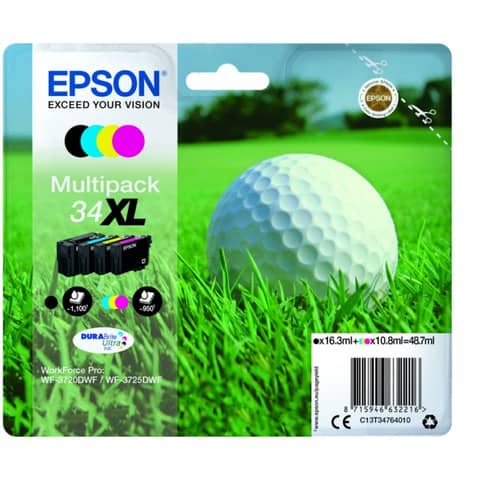 Epson 34XL - Confezione da 4 - XL - nero, giallo, ciano, magenta - originale - blister - cartuccia d'inchiostro - per WorkForce Pro WF-3720, WF-3720DWF, WF-3725DWF