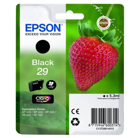 Epson 29 - 5.3 ml - nero - originale - blister - cartuccia d'inchiostro - per Expression Home XP-245, 247, 255, 257, 332, 342, 345, 352, 355, 435, 442, 445, 452, 455