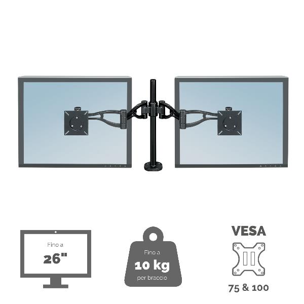 Fellowes Professional Series Depth Adjustable Dual Monitor Arm - Kit montaggio - braccio regolabile - per 2 monitor - ferro - nero - montabile su desk