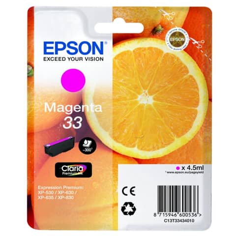 Epson 33 - 4.5 ml - magenta - originale - blister - cartuccia d'inchiostro - per Expression Home XP-635, 830; Expression Premium XP-530, 540, 630, 635, 640, 645, 830, 900