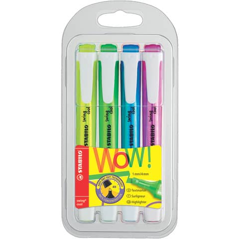 STABILO swing cool - Evidenziatore - blu fosforescente, giallo fluorescente, verde fluorescente, rosa fluorescente - inchiostro base acqua - 1-4 mm (pacchetto di 4)