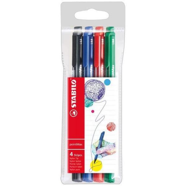 STABILO pointMax - Penna punta in fibra - rosa, verde chiaro, lilla, verde ghiaccio - inchiostro base acqua - 0.8 mm - larga (pacchetto di 4)