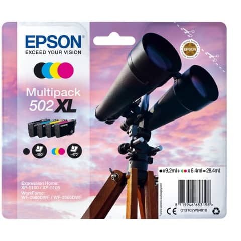 Epson 502XL Multipack - Confezione da 4 - XL - nero, giallo, ciano, magenta - originale - blister - cartuccia d'inchiostro - per Expression Home XP-5100, 5105, 5150, 5155; WorkForce WF-2860, 2865, 2880, 2885