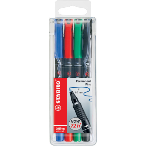 STABILO OHPen universal - Penna a punta sottile - permanente - per lucidi - nero, rosso, blu, verde - 0.7 mm - fine (pacchetto di 4)