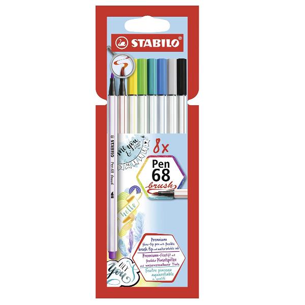 STABILO Pen 68 - Penna con punta a pennello - colori assortiti - inchiostro base acqua - sottile-ampio (pacchetto di 8)