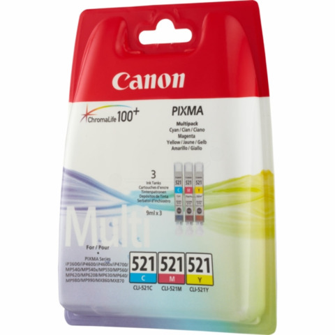 Canon CLI-521 Multipack - Confezione da 3 - 9 ml - giallo, ciano, magenta - originale - serbatoio inchiostro - per PIXMA iP3600, iP4700, MP540, MP550, MP560, MP620, MP630, MP640, MP980, MP990, MX860, MX870