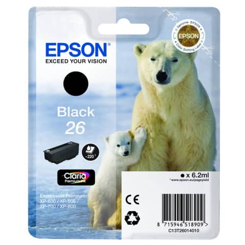 Epson 26 - 6.2 ml - nero - originale - cartuccia d'inchiostro - per Expression Premium XP-510, 520, 600, 605, 610, 615, 620, 625, 700, 710, 720, 800, 810, 820