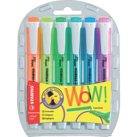 STABILO swing cool - Evidenziatore - colori fluorescenti assortiti - inchiostro base acqua - 1-4 mm (pacchetto di 6)