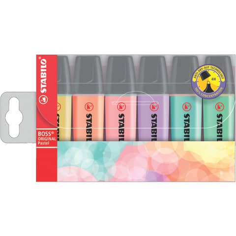 STABILO BOSS ORIGINAL - Evidenziatore - rosa timidezza, pesca cremosa, giallo lattiginoso, tocco di turchese, accenno di menta, nuvola lilla - inchiostro base acqua - 2-5 mm (pacchetto di 6)
