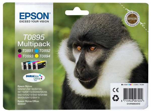Epson T0895 Multipack - Confezione da 4 - nero, giallo, ciano, magenta - originale - blister - cartuccia d'inchiostro - per Stylus S21, SX110, SX115, SX210, SX215, SX218, SX400, SX410, SX415; Stylus Office BX300