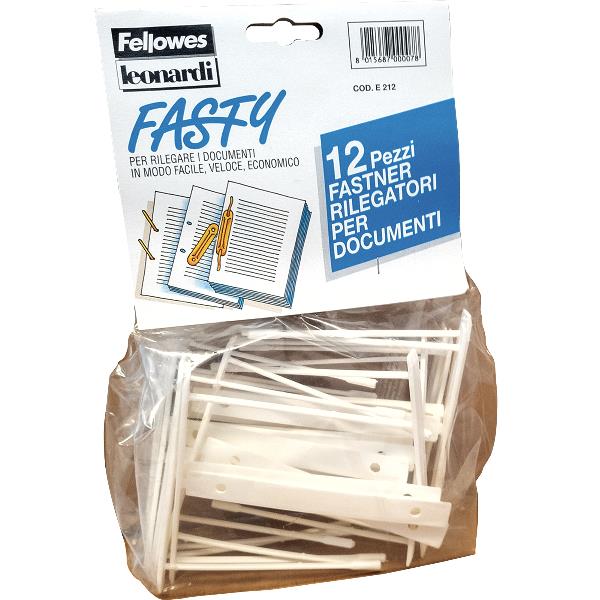 Fastener fermafogli - plastica - passo 80 mm - capacità 6 cm - bianco - Fellowes - conf. 12 pezzi