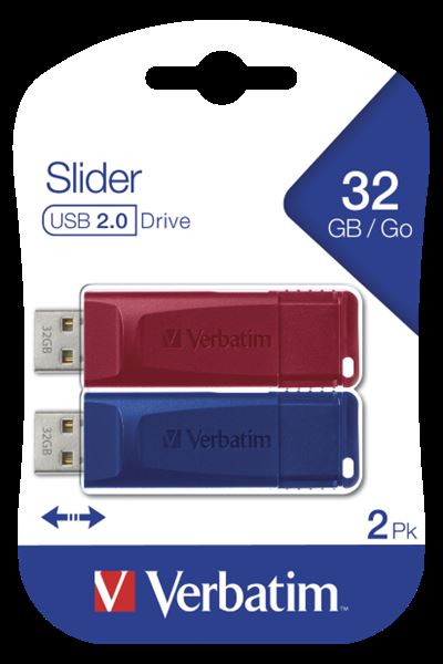 Verbatim Slider - Chiavetta USB - 32 GB - USB 2.0 - blu, rosso (pacchetto di 2)
