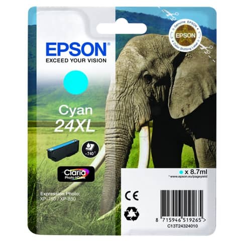 Epson 24XL - 8.7 ml - XL - ciano - originale - cartuccia d'inchiostro - per Expression Photo XP-55, 750, 760, 850, 860, 950, 960, 970; Expression Premium XP-750, 850
