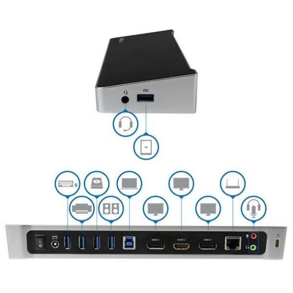 StarTech.com Docking Station replicatore di porte Universale per 3 portatili - video triplo - USB 3.0 - Dock Mac & Windows - Docking station - USB - GigE - per P/N: ARMBARTRIO2, ARMTRIO, LTLOCK