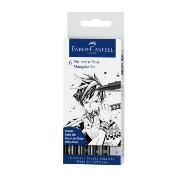 Faber-Castell PITT Artist Pen Mangaka - Brush pen, fineliner and marker set - permanente - per legno, tela - nero indiano - 6 pezzi