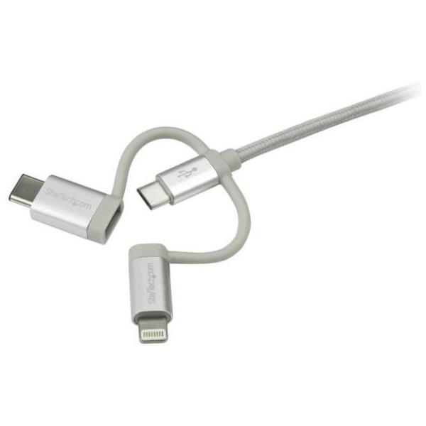 StarTech.com Cavo USB-C Multi-Carica - Lightning, USB, Micro-B - Cavo di Ricarica Intrecciato USB-C - Certificato MFi - USB 2.0 - 3 in 1 - 1m - Cavo USB - USB (M) a Micro-USB Tipo B, Lightning, 24 pin USB-C (M) - 1 m - argento