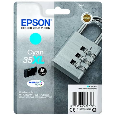 Epson 35XL - 20.3 ml - XL - ciano - originale - blister - cartuccia d'inchiostro - per WorkForce Pro WF-4720, WF-4720DWF, WF-4725DWF, WF-4730, WF-4730DTWF, WF-4740, WF-4740DTWF