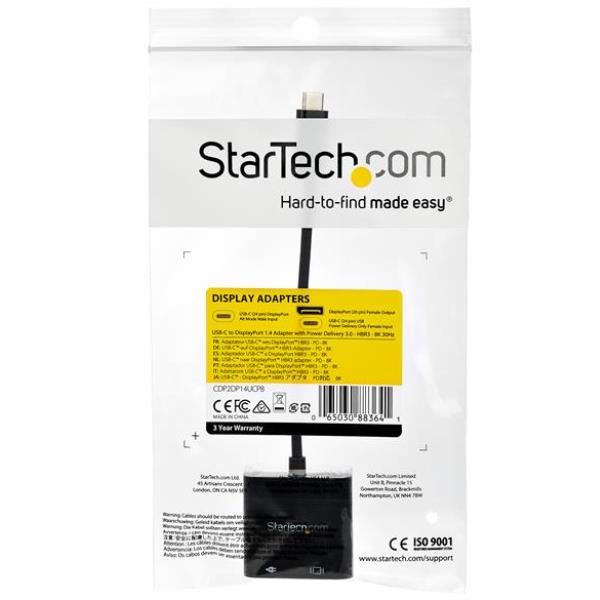 StarTech.com Adattatore USB-C a DisplayPort con tecnologia Power Delivery - 8K 30 Hz - Convertitore USB Type C a DP 1.4 (CDP2DP14UCPB) - Adattatore USB/DisplayPort - 24 pin USB-C (M) a DisplayPort, 24 pin USB-C (F) - Thunderbolt 3/DisplayPort 1.4 - supporto 8K, attivo - nero
