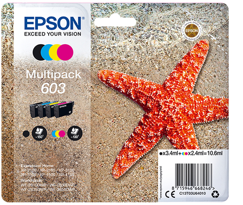 Epson 603 Multipack - Confezione da 4 - nero, giallo, ciano, magenta - originale - blister - cartuccia d'inchiostro - per Expression Home XP-2150, 2155, 3150, 3155, 4150, 4155; WorkForce WF-2820, 2840, 2845, 2870